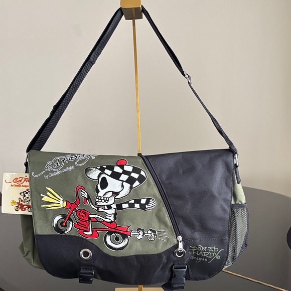 🌟🌟Ed Hardy Skull and Motorcycle Speedy Messenger Bag in Black and Olive GWP🌟🌟